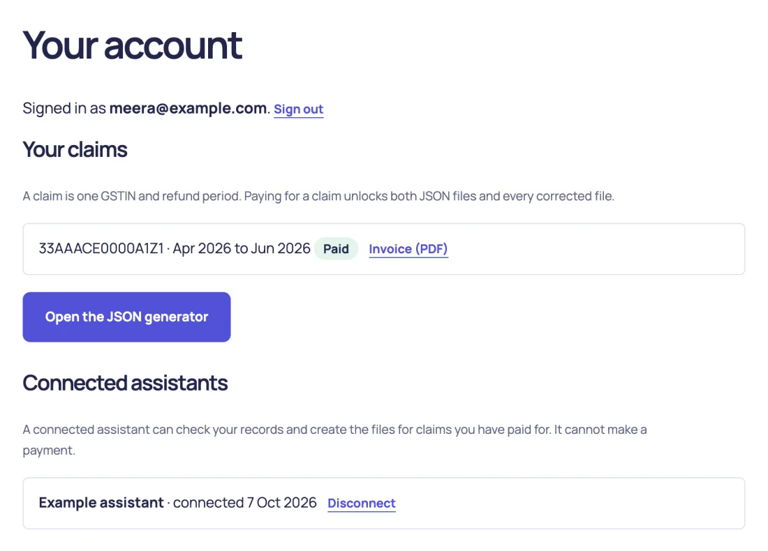 The account page. It lists a paid claim with an Invoice (PDF) link and one connected assistant with a Disconnect link.