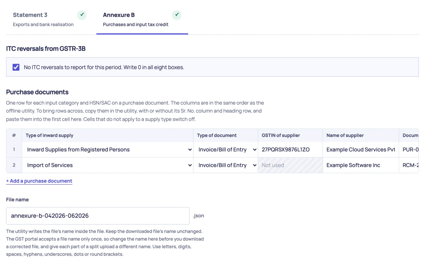The Annexure B tab with the No ITC reversals checkbox selected, two purchase rows, a switched-off supplier GSTIN cell for an import of services, and the File name field.