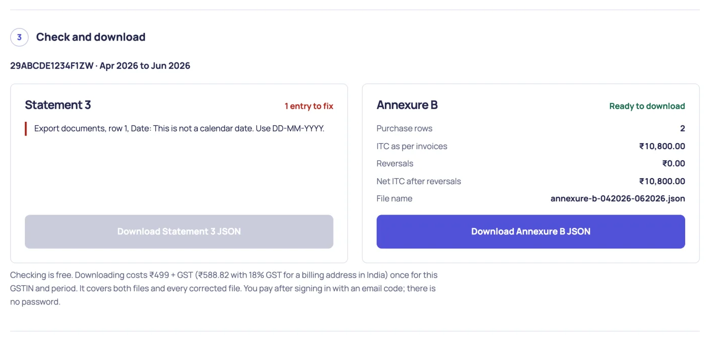 The Check and download section. Statement 3 shows 1 entry to fix with the problem listed, and Annexure B shows Ready to download with its totals.