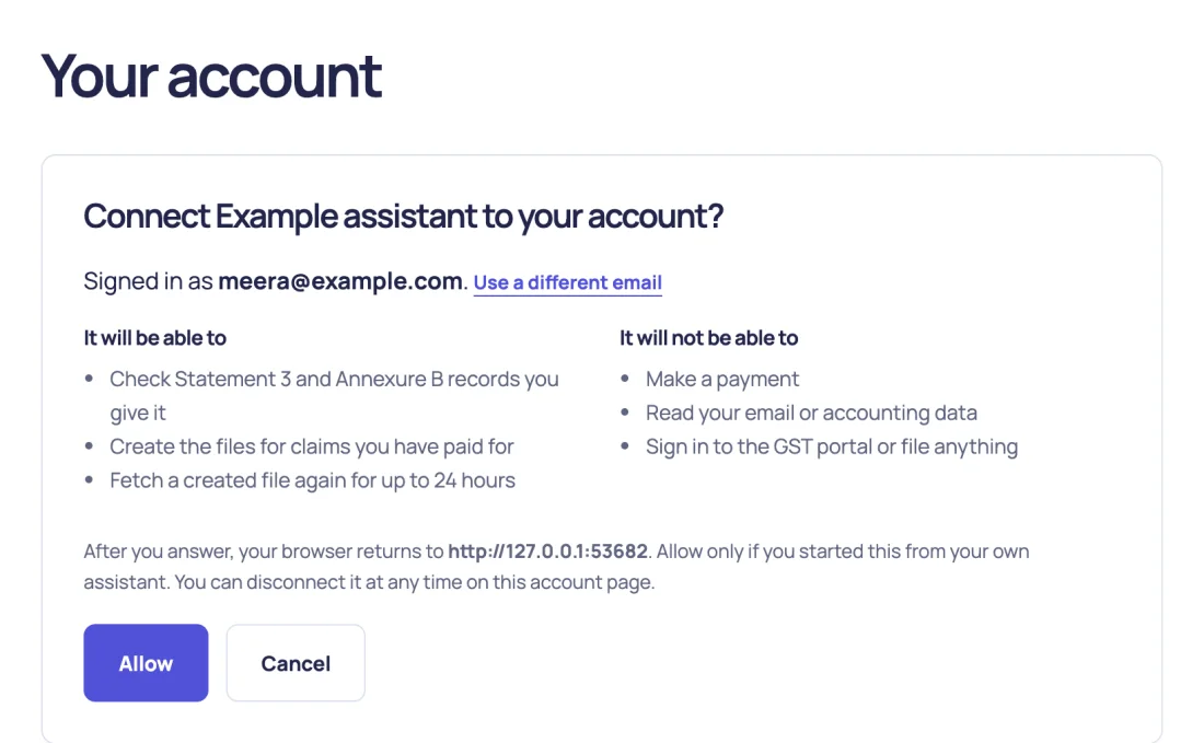 The page that asks whether to connect an assistant to your account. It lists what the assistant will and will not be able to do, with Allow and Cancel buttons.