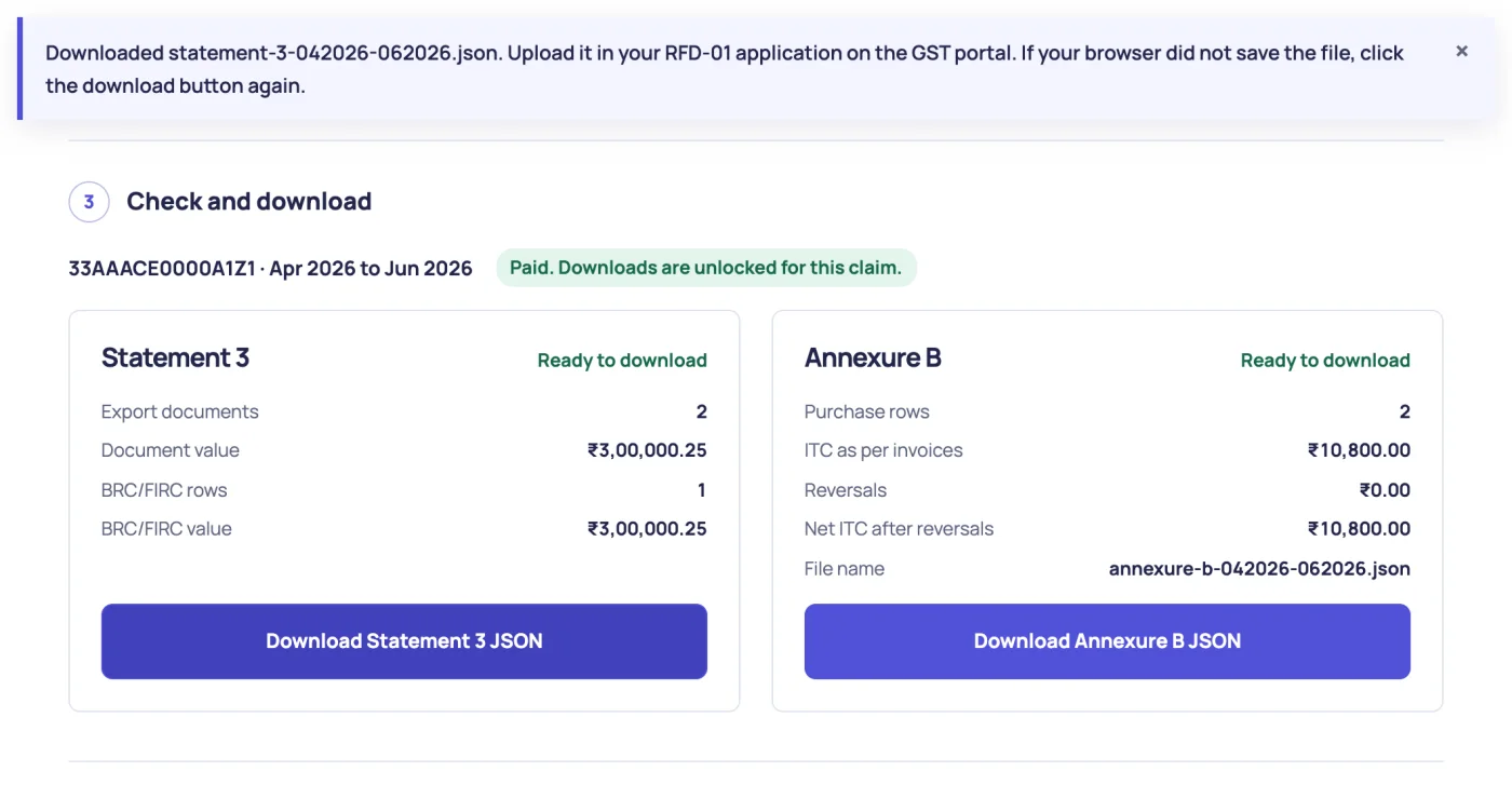 The generator after payment. A message confirms the download, the claim is marked Paid, and both statements show Ready to download.