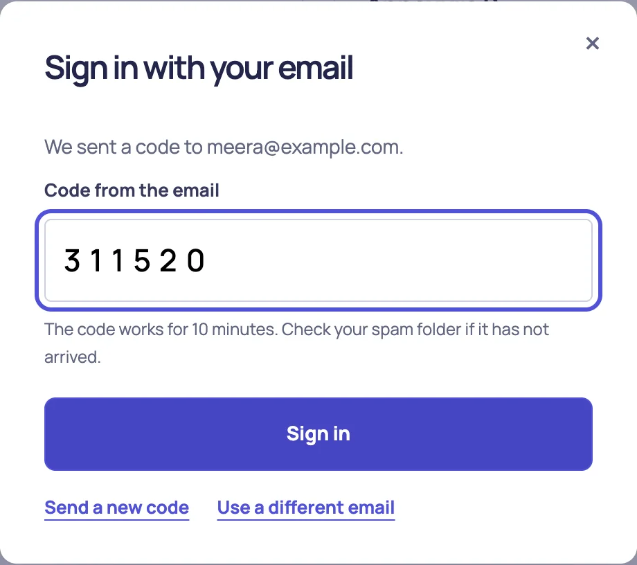 The sign-in dialog after a code was sent, with a field for the code from the email and a Sign in button.
