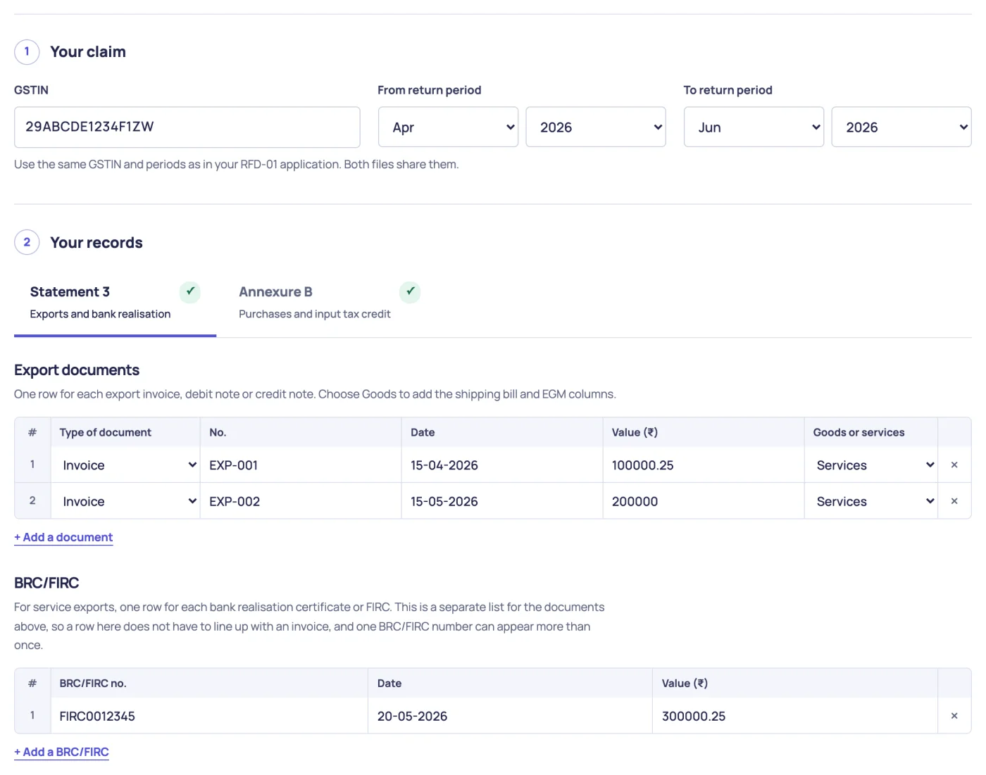 The generator with a claim for April to June 2026, two export invoices in the Export documents table and one row in the BRC/FIRC table.